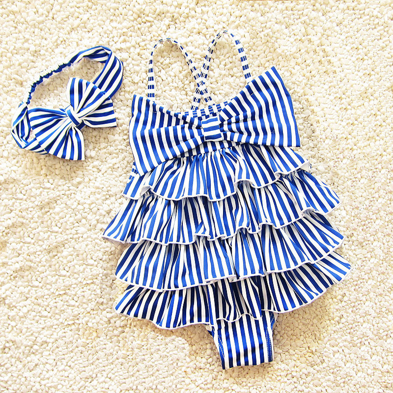 Girls' Striped Tiered Ruffle One-Piece Swimsuit & Bow Headband Set – Beach-Ready Style, Sizes 2–8 Y