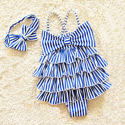 Girls' Striped Tiered Ruffle One-Piece Swimsuit & Bow Headband Set – Beach-Ready Style, Sizes 2–8 Y