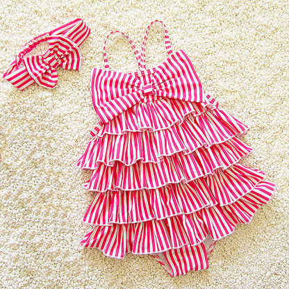 Girls' Striped Tiered Ruffle One-Piece Swimsuit & Bow Headband Set – Beach-Ready Style, Sizes 2–8 Y