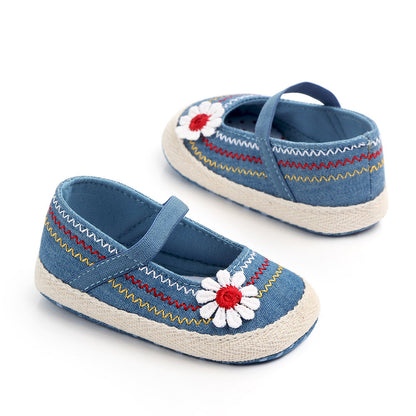 Daisy Embroidered Mary Jane Espadrille Flats for Baby Girls – Soft Sole First Walker Shoes