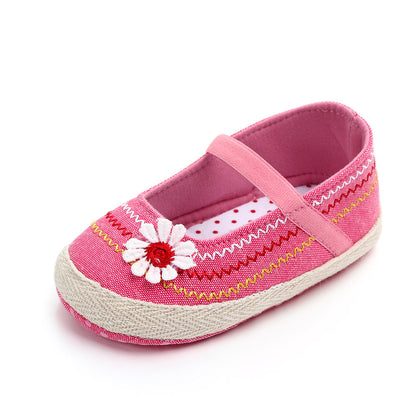 Daisy Embroidered Mary Jane Espadrille Flats for Baby Girls – Soft Sole First Walker Shoes