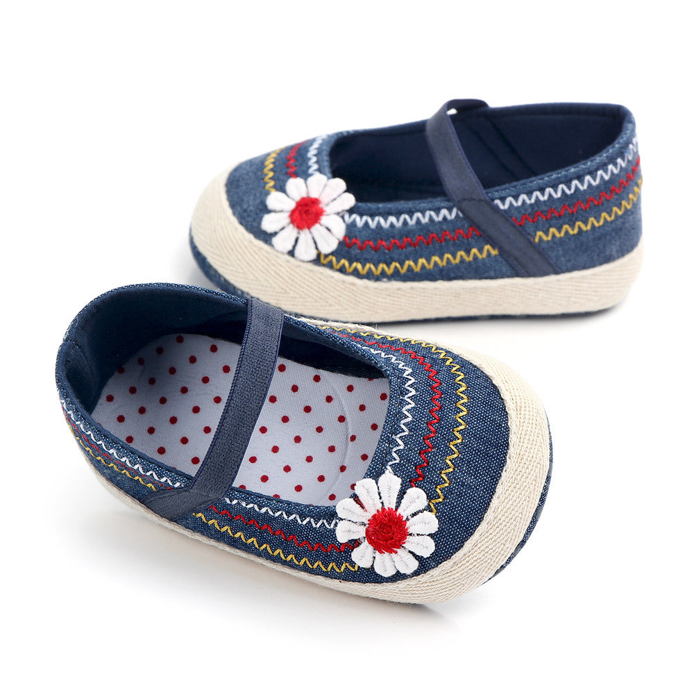 Daisy Embroidered Mary Jane Espadrille Flats for Baby Girls – Soft Sole First Walker Shoes