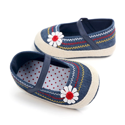 Daisy Embroidered Mary Jane Espadrille Flats for Baby Girls – Soft Sole First Walker Shoes