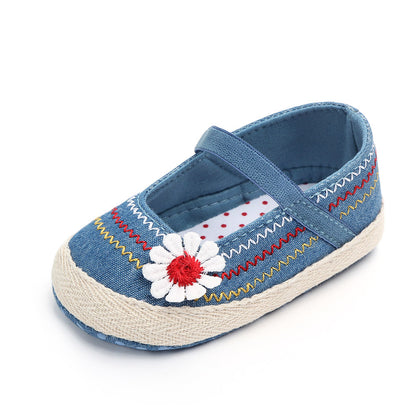 Daisy Embroidered Mary Jane Espadrille Flats for Baby Girls – Soft Sole First Walker Shoes