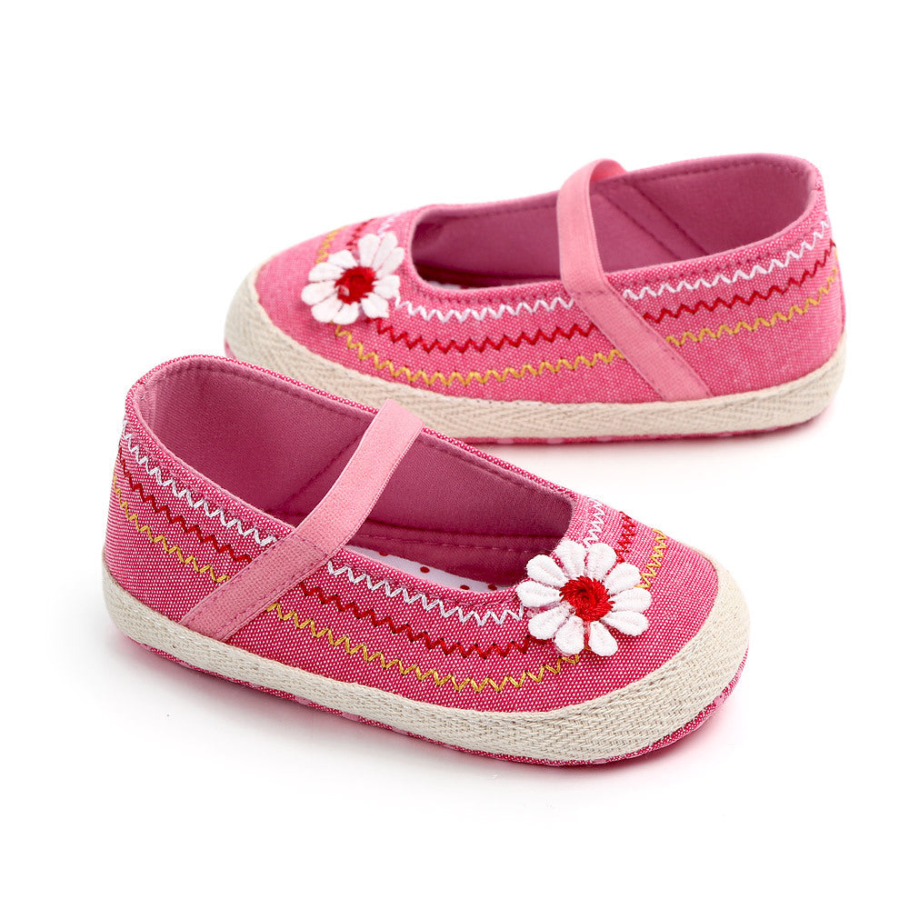 Daisy Embroidered Mary Jane Espadrille Flats for Baby Girls – Soft Sole First Walker Shoes
