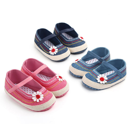 Daisy Embroidered Mary Jane Espadrille Flats for Baby Girls – Soft Sole First Walker Shoes