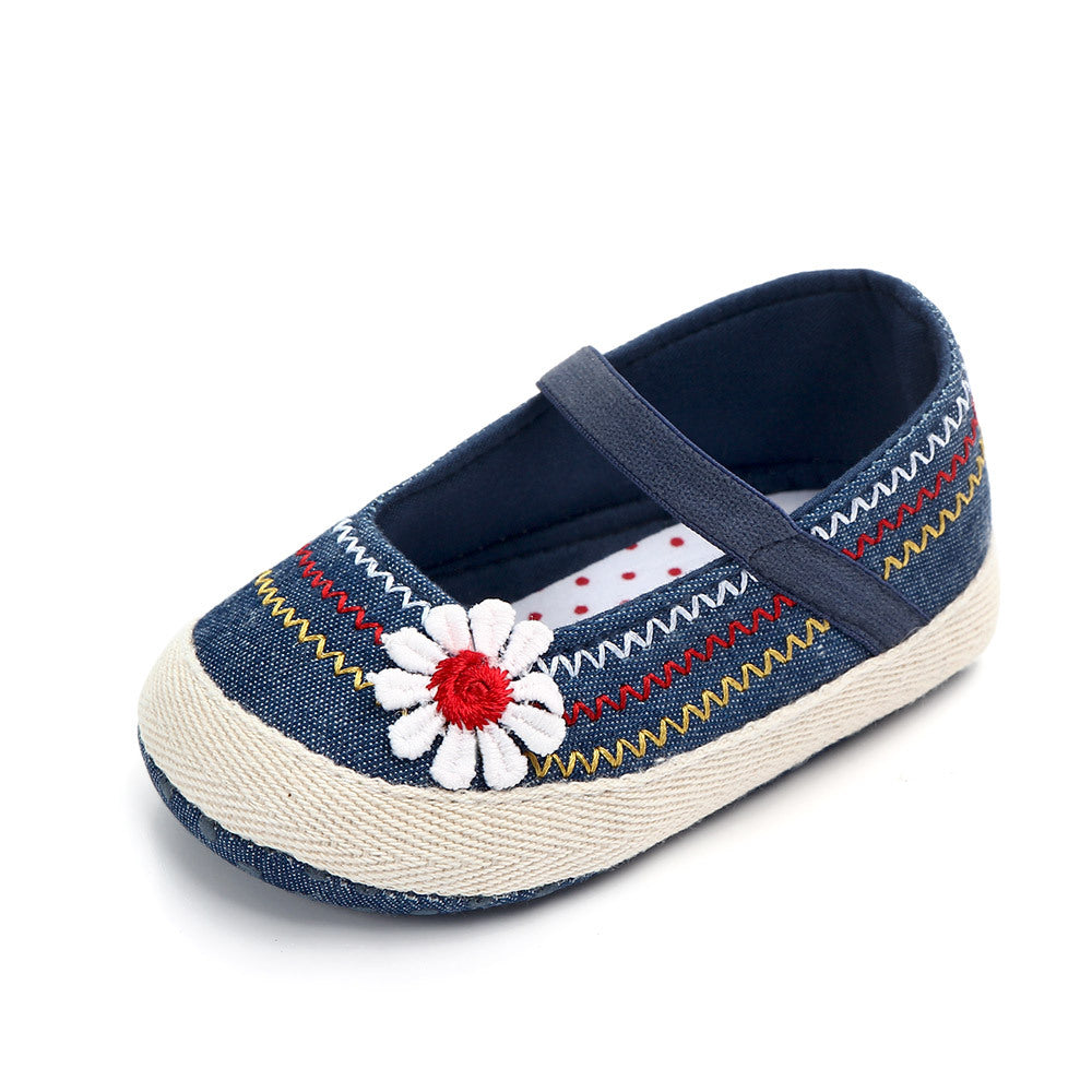 Daisy Embroidered Mary Jane Espadrille Flats for Baby Girls – Soft Sole First Walker Shoes