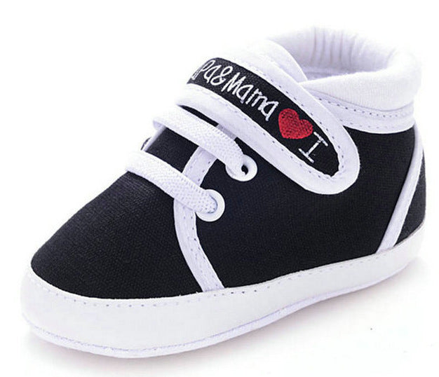 "I Love Papa & Mama" High-Top Canvas Baby Sneakers | Soft-Sole Pre-Walker in White, Black & Red Trim
