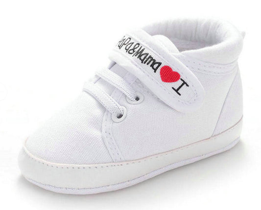 "I Love Papa & Mama" High-Top Canvas Baby Sneakers | Soft-Sole Pre-Walker in White, Black & Red Trim