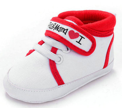"I Love Papa & Mama" High-Top Canvas Baby Sneakers | Soft-Sole Pre-Walker in White, Black & Red Trim
