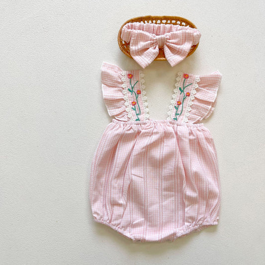 Baby Girl Floral Embroidered Gingham Bubble Romper & Headband Set