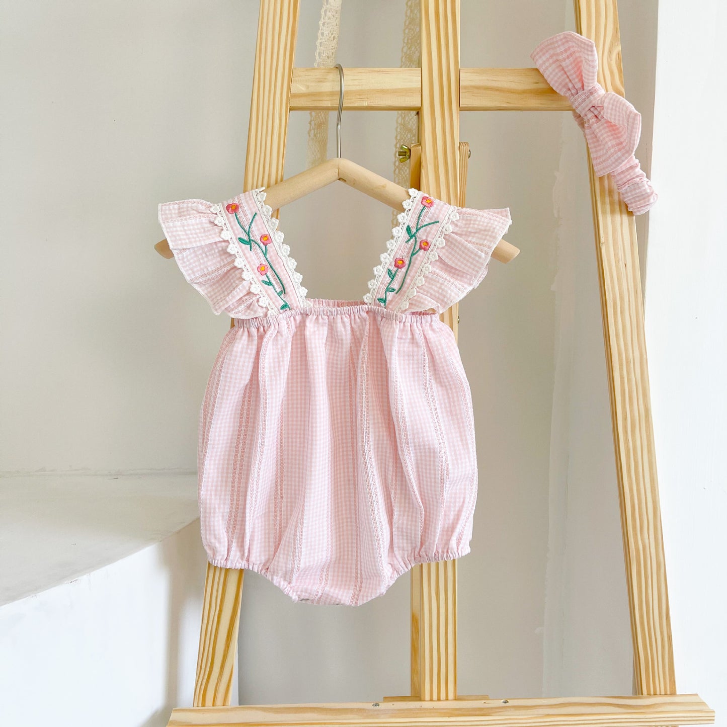 Baby Girl Floral Embroidered Gingham Bubble Romper & Headband Set
