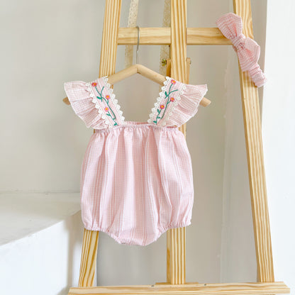 Baby Girl Floral Embroidered Gingham Bubble Romper & Headband Set