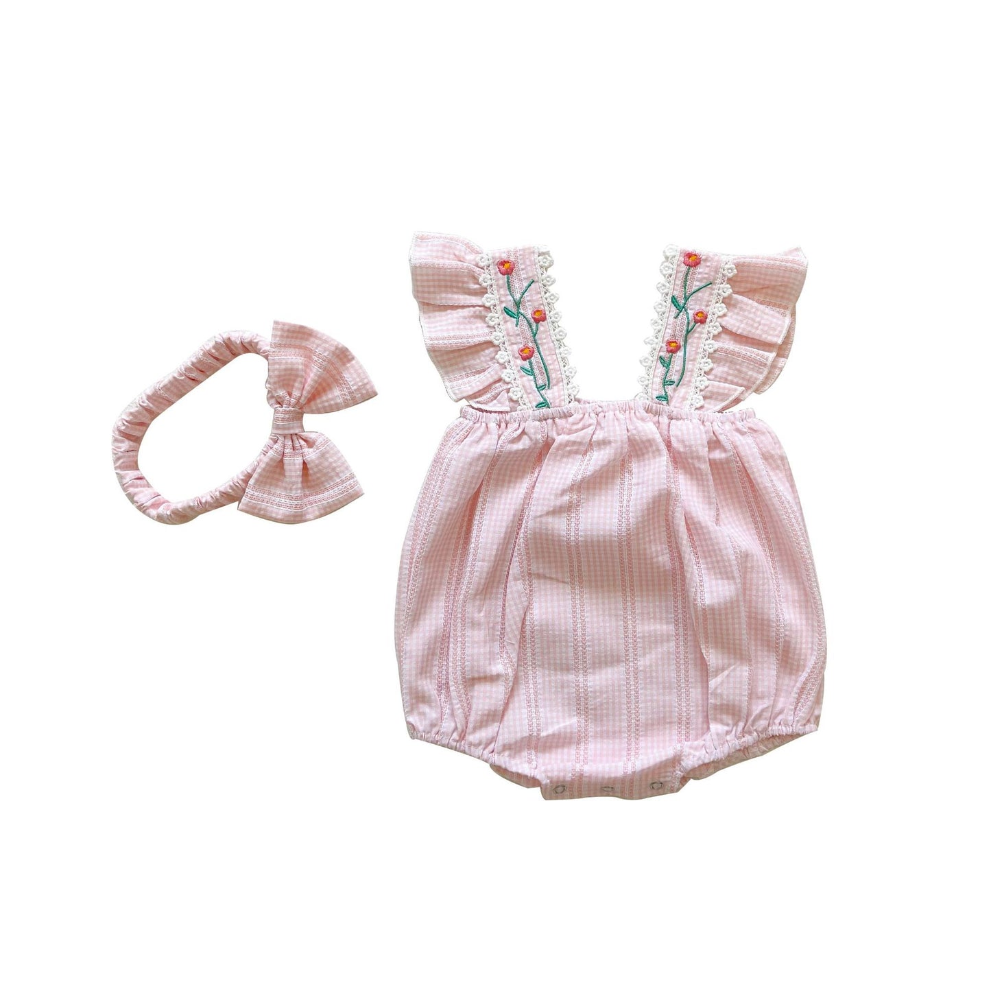 Baby Girl Floral Embroidered Gingham Bubble Romper & Headband Set