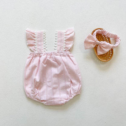 Baby Girl Floral Embroidered Gingham Bubble Romper & Headband Set