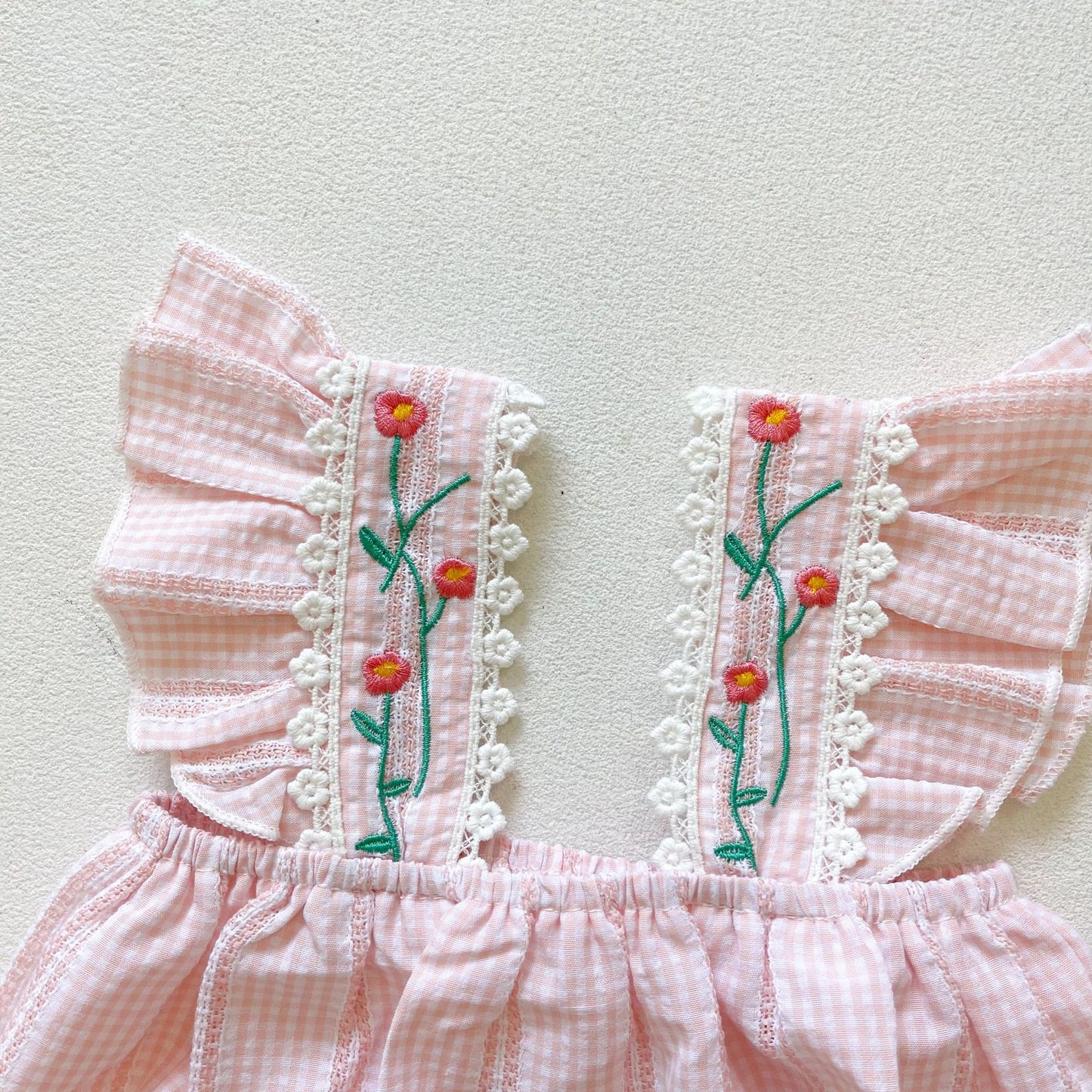 Baby Girl Floral Embroidered Gingham Bubble Romper & Headband Set