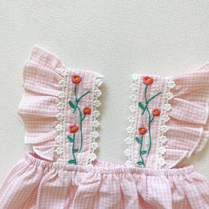 Baby Girl Floral Embroidered Gingham Bubble Romper & Headband Set