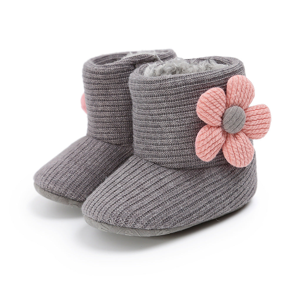 Sunflower Knit Baby Booties – Warm Soft-Soled Winter Shoes (0–12 Months)