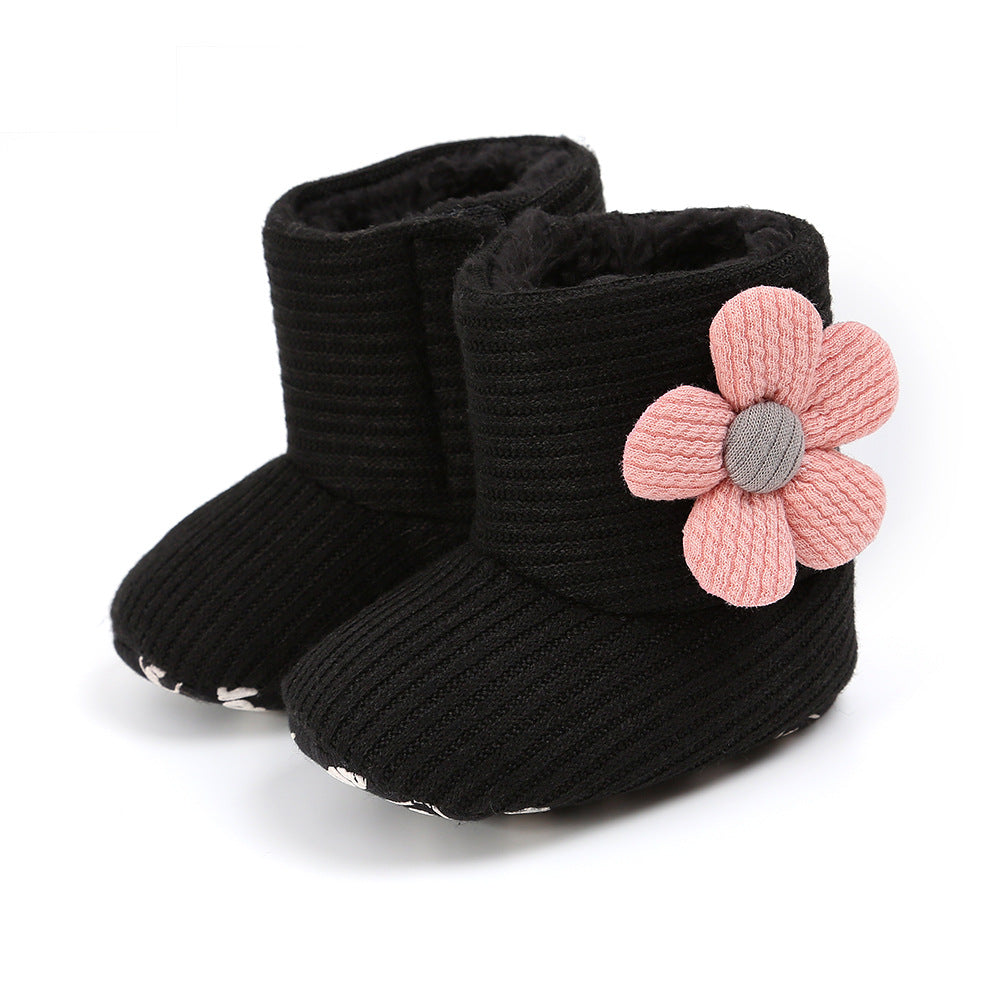 Sunflower Knit Baby Booties – Warm Soft-Soled Winter Shoes (0–12 Months)