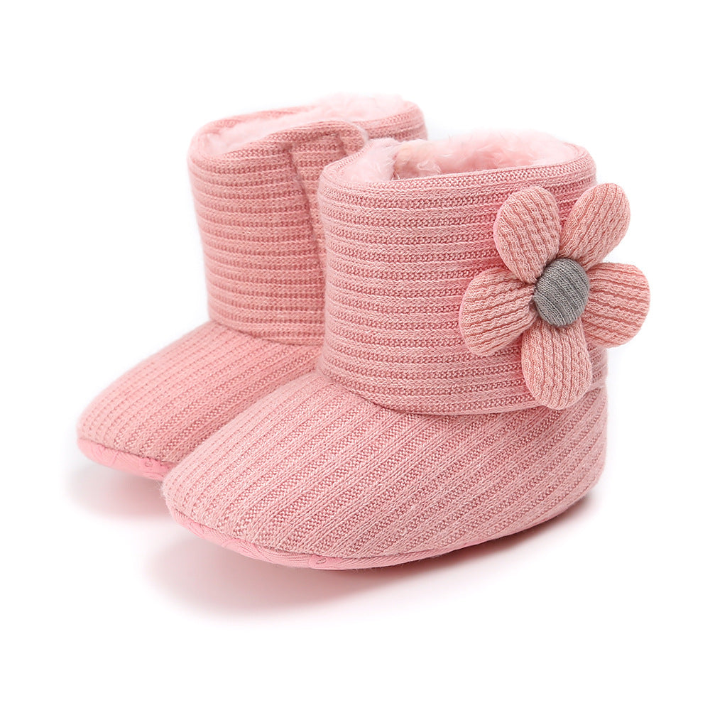 Sunflower Knit Baby Booties – Warm Soft-Soled Winter Shoes (0–12 Months)