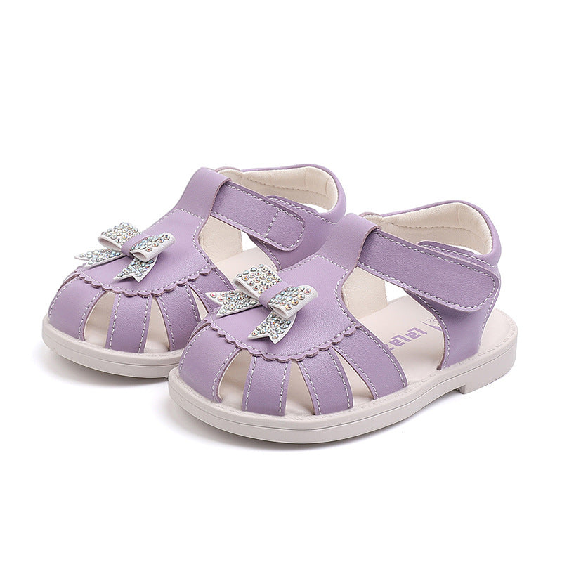Rhinestone Bow Closed-Toe Sandals for Baby & Toddler Girls – Soft Leather Summer Shoes