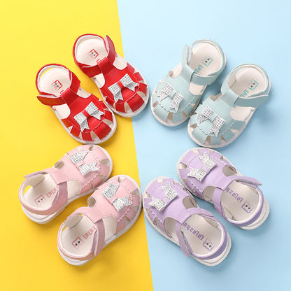 Rhinestone Bow Closed-Toe Sandals for Baby & Toddler Girls – Soft Leather Summer Shoes