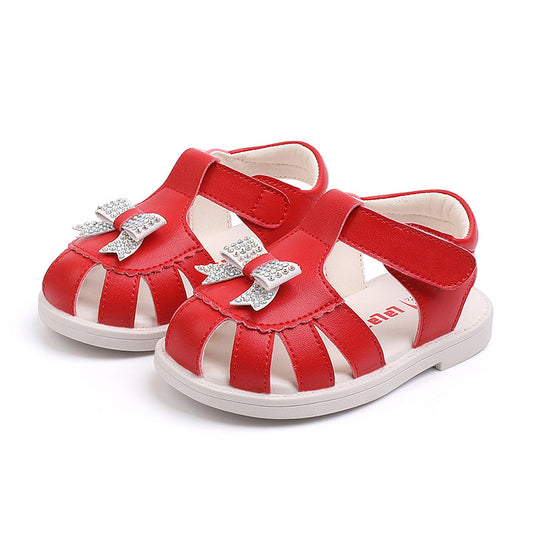 Rhinestone Bow Closed-Toe Sandals for Baby & Toddler Girls – Soft Leather Summer Shoes