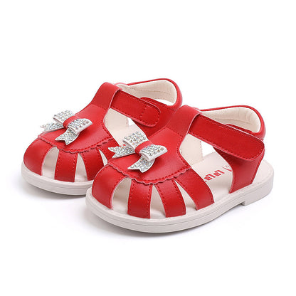 Rhinestone Bow Closed-Toe Sandals for Baby & Toddler Girls – Soft Leather Summer Shoes