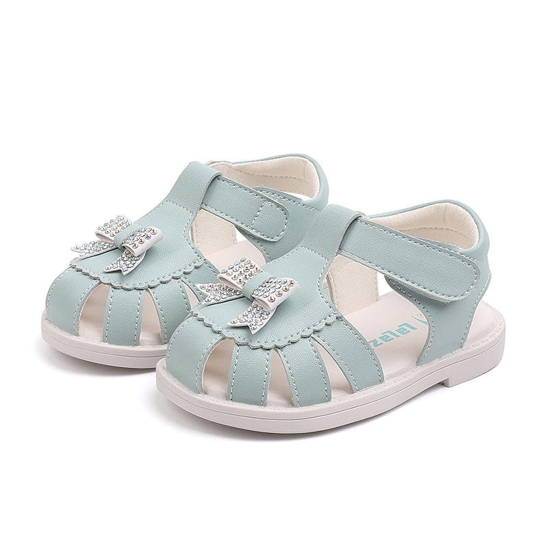 Rhinestone Bow Closed-Toe Sandals for Baby & Toddler Girls – Soft Leather Summer Shoes
