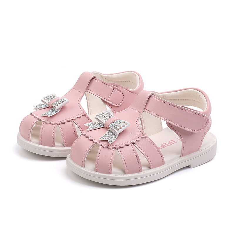 Rhinestone Bow Closed-Toe Sandals for Baby & Toddler Girls – Soft Leather Summer Shoes