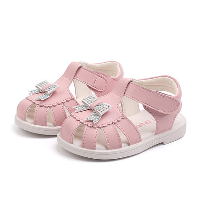 Rhinestone Bow Closed-Toe Sandals for Baby & Toddler Girls – Soft Leather Summer Shoes