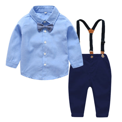 Baby Boy Gentleman Outfit Set with Bow Tie Shirt & Suspender Pants (2-Piece)