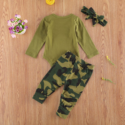 “Daddy’s Girl / Daddy’s Boy” Baby Outfit Set – Cotton Long-Sleeve Bodysuit, Camo Pants & Matching Accessory