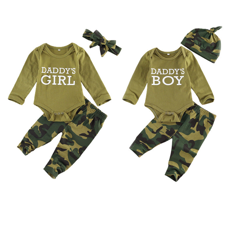 “Daddy’s Girl / Daddy’s Boy” Baby Outfit Set – Cotton Long-Sleeve Bodysuit, Camo Pants & Matching Accessory