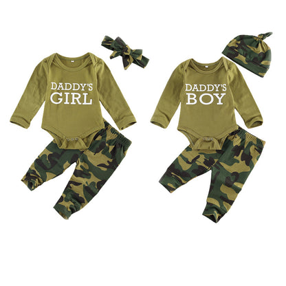 “Daddy’s Girl / Daddy’s Boy” Baby Outfit Set – Cotton Long-Sleeve Bodysuit, Camo Pants & Matching Accessory