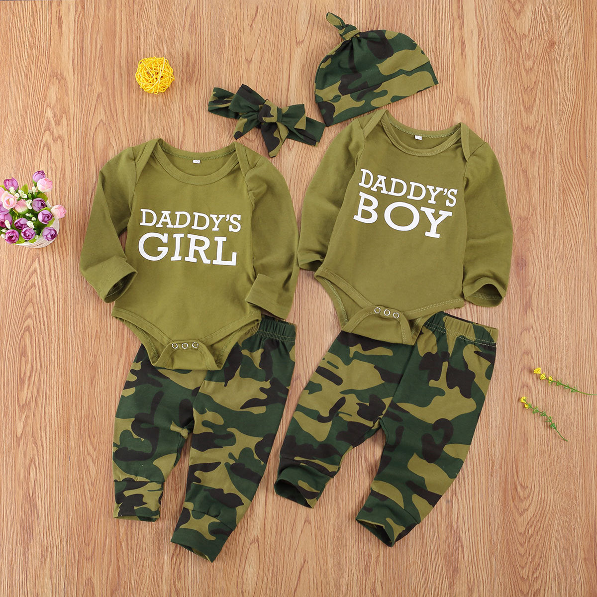 “Daddy’s Girl / Daddy’s Boy” Baby Outfit Set – Cotton Long-Sleeve Bodysuit, Camo Pants & Matching Accessory