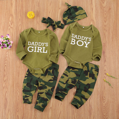 “Daddy’s Girl / Daddy’s Boy” Baby Outfit Set – Cotton Long-Sleeve Bodysuit, Camo Pants & Matching Accessory