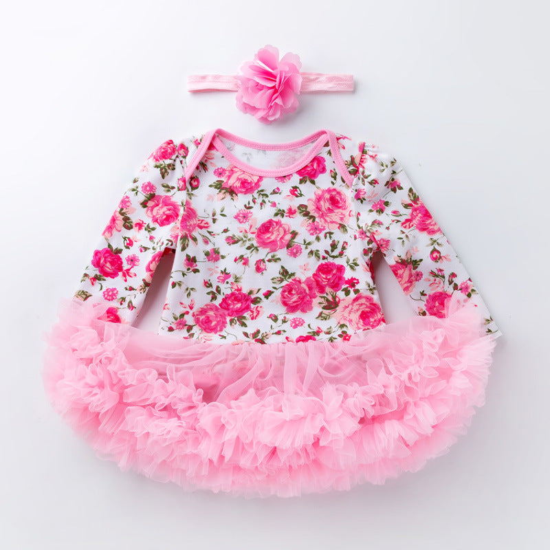 Baby Girl Damask & Print Tutu Romper Dress with Flower Headband