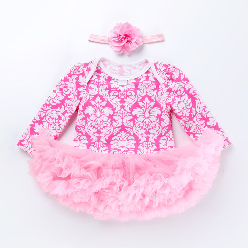 Baby Girl Damask & Print Tutu Romper Dress with Flower Headband