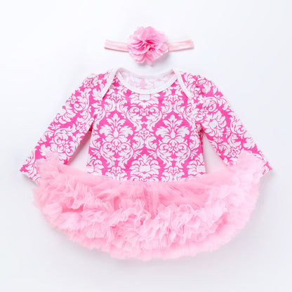 Baby Girl Damask & Print Tutu Romper Dress with Flower Headband