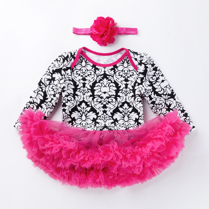 Baby Girl Damask & Print Tutu Romper Dress with Flower Headband