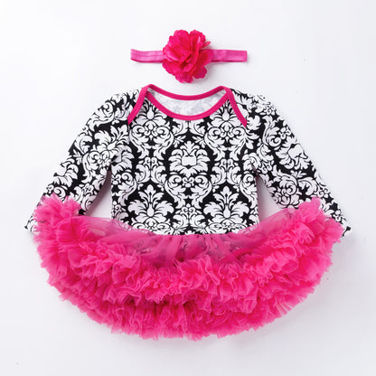 Baby Girl Damask & Print Tutu Romper Dress with Flower Headband