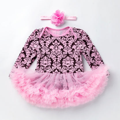 Baby Girl Damask & Print Tutu Romper Dress with Flower Headband
