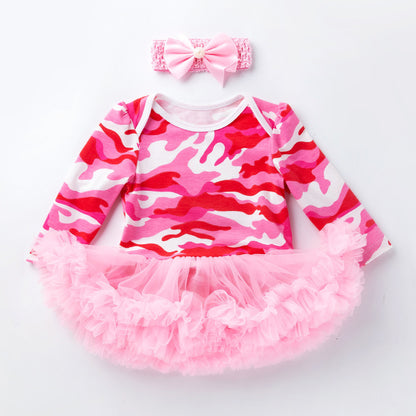 Baby Girl Damask & Print Tutu Romper Dress with Flower Headband