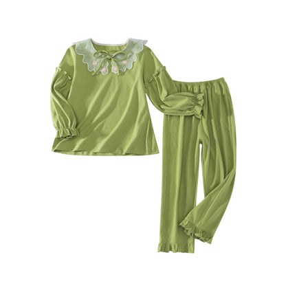 Girls' Cotton Pajama Set – Floral Embroidered Ruffle Collar Long-Sleeve Top & Pants (4–12 Years)