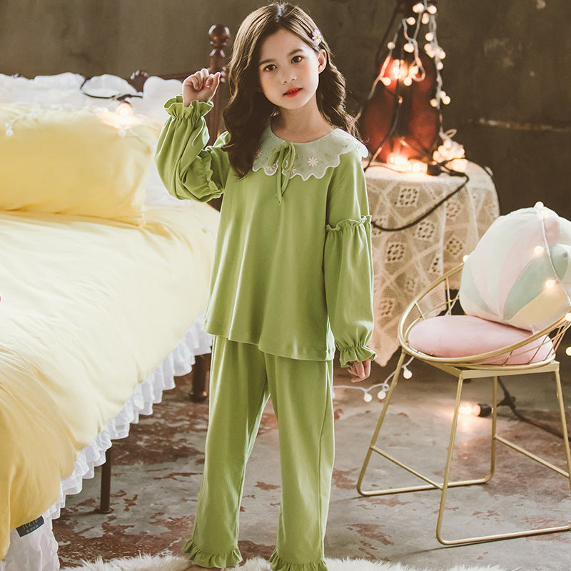 Girls' Cotton Pajama Set – Floral Embroidered Ruffle Collar Long-Sleeve Top & Pants (4–12 Years)