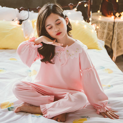 Girls' Cotton Pajama Set – Floral Embroidered Ruffle Collar Long-Sleeve Top & Pants (4–12 Years)