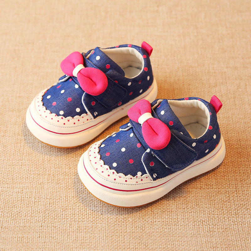 Polka Dot Bow Canvas Sneakers for Baby & Toddler Girls – Soft Velcro First Walker Shoes