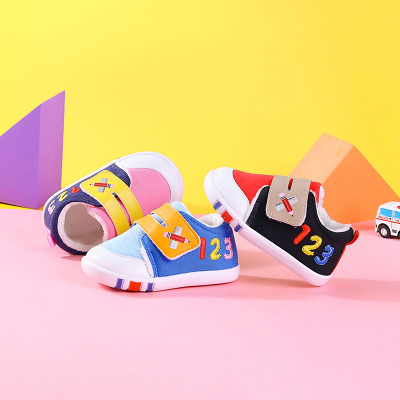 "1-2-3" Color-Block Fleece-Lined Baby Sneakers | Warm Velcro Shoes for Fall & Winter