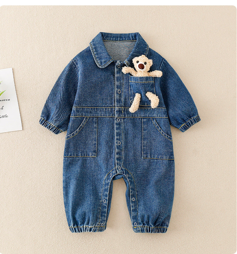 Baby Denim Jumpsuit with Teddy Bear – High-Quality Cotton Romper for Infants